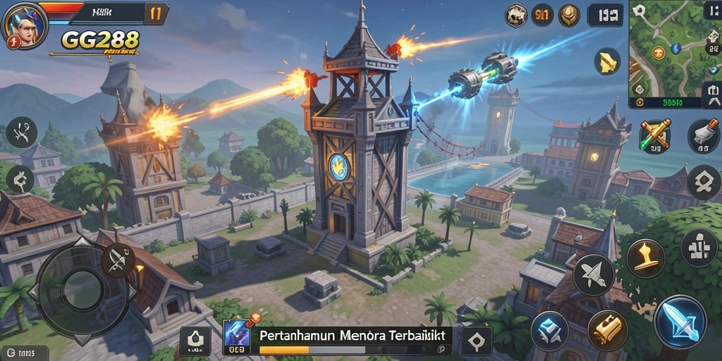 Screenshot gameplay GG288 menampilkan menara pertahanan yang strategis.
